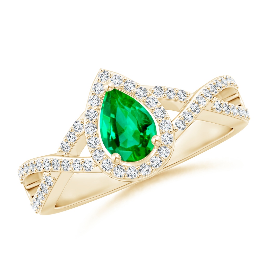 6x4mm AAA Twist Shank Pear Emerald Ring with Diamond Halo in Yellow Gold