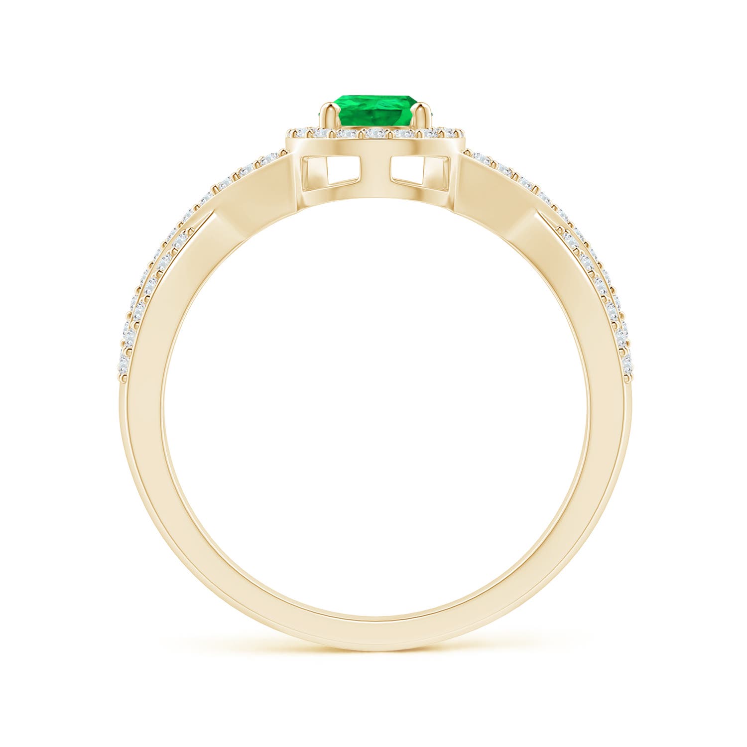 6x4mm AAA Twist Shank Pear Emerald Ring with Diamond Halo in Yellow Gold