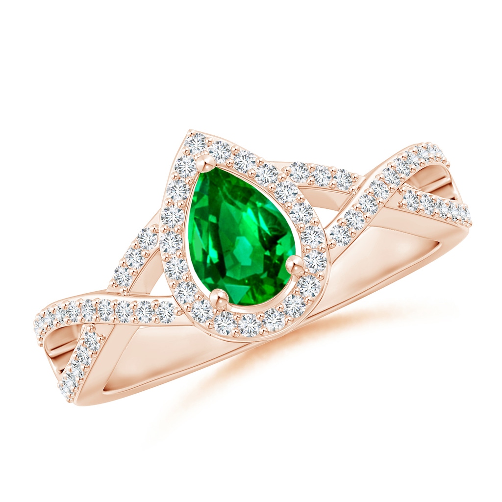 6x4mm AAAA Twist Shank Pear Emerald Ring with Diamond Halo in Rose Gold