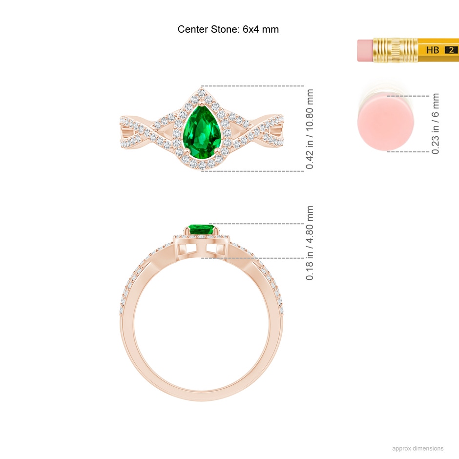 6x4mm AAAA Twist Shank Pear Emerald Ring with Diamond Halo in Rose Gold ruler