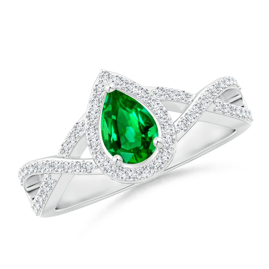 6x4mm AAAA Twist Shank Pear Emerald Ring with Diamond Halo in White Gold