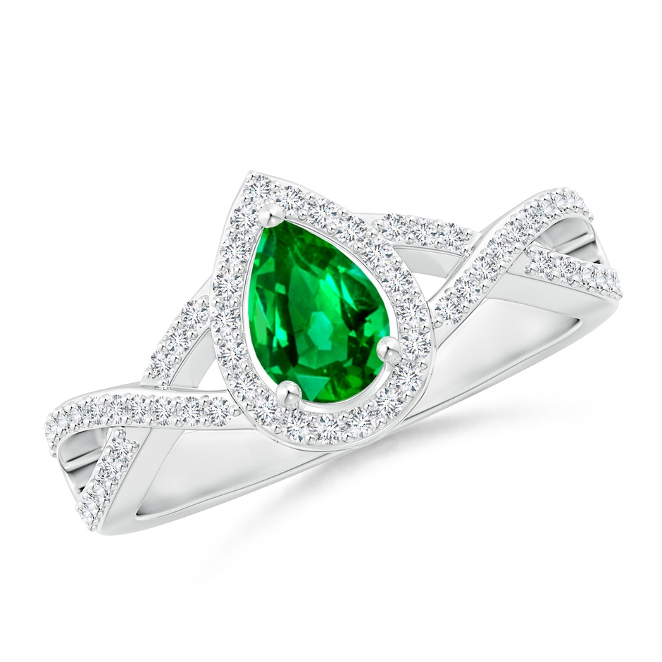 6x4mm AAAA Twist Shank Pear Emerald Ring with Diamond Halo in White Gold 