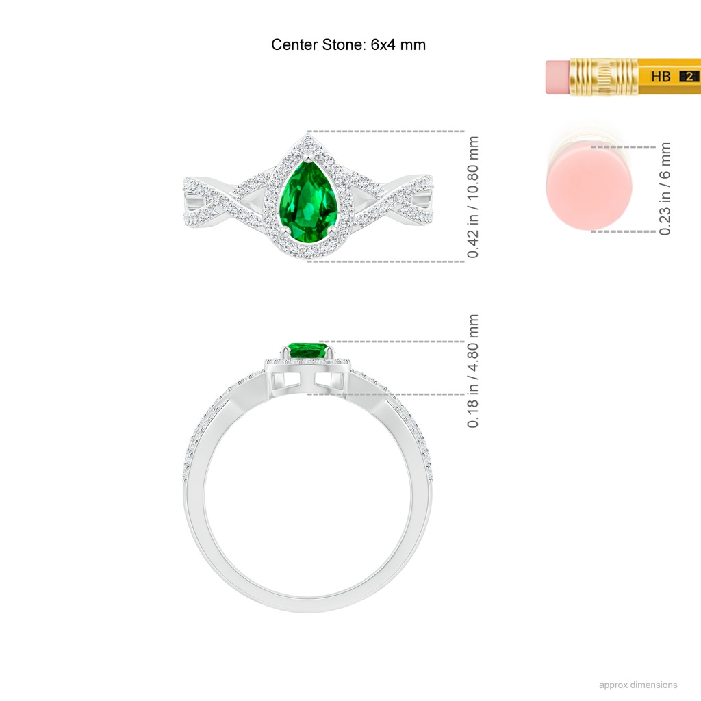 6x4mm AAAA Twist Shank Pear Emerald Ring with Diamond Halo in White Gold Ruler