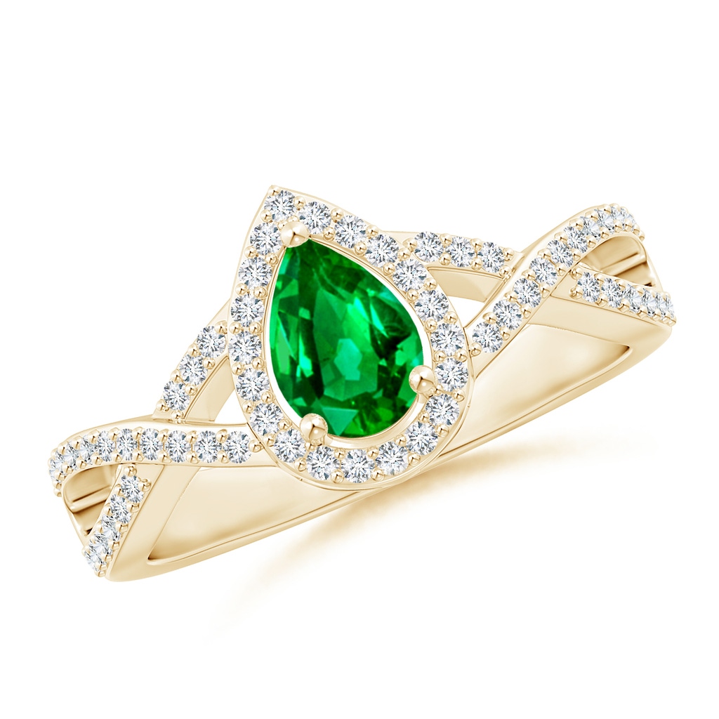 6x4mm AAAA Twist Shank Pear Emerald Ring with Diamond Halo in Yellow Gold