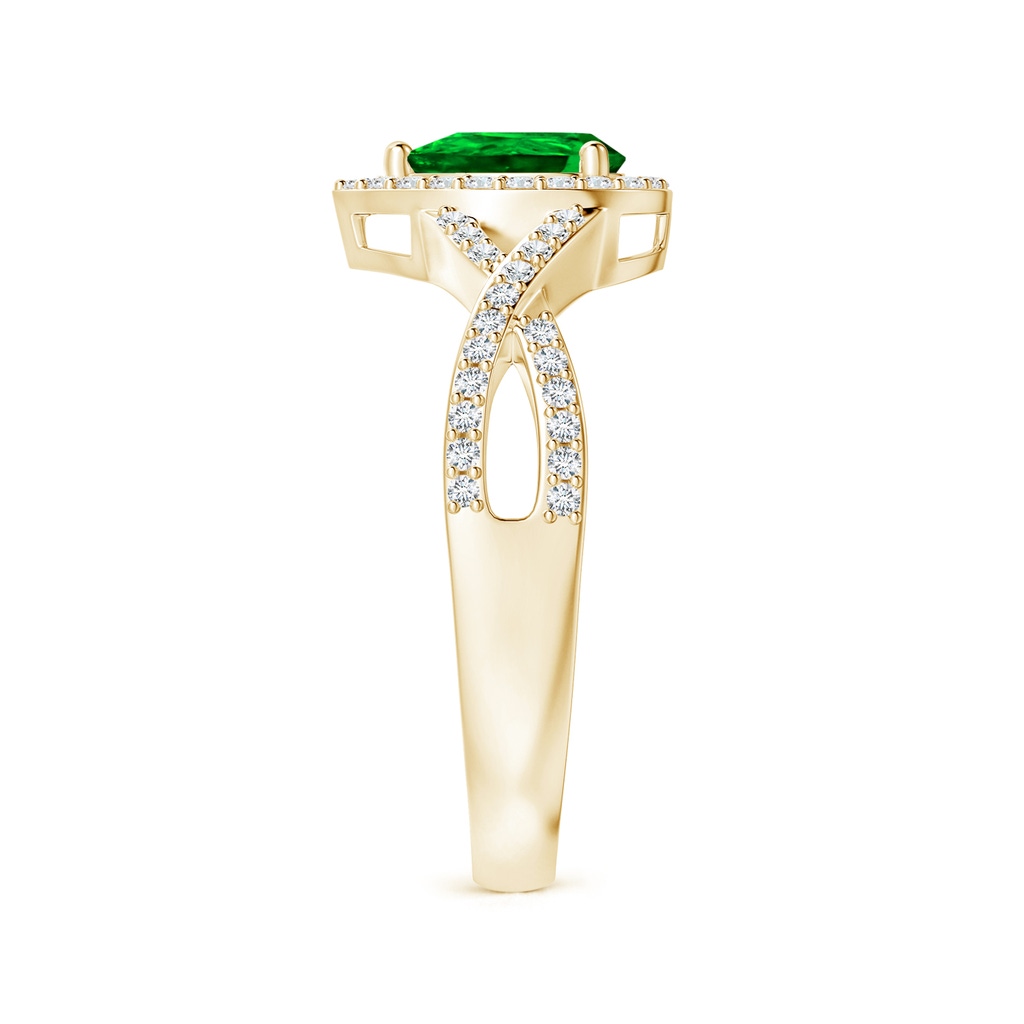 6x4mm AAAA Twist Shank Pear Emerald Ring with Diamond Halo in Yellow Gold Side-2