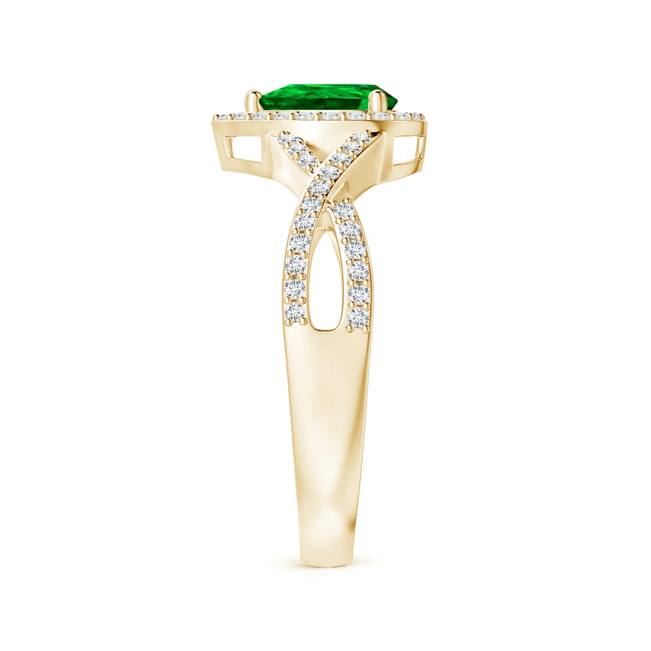 6x4mm AAAA Twist Shank Pear Emerald Ring with Diamond Halo in Yellow Gold side-2