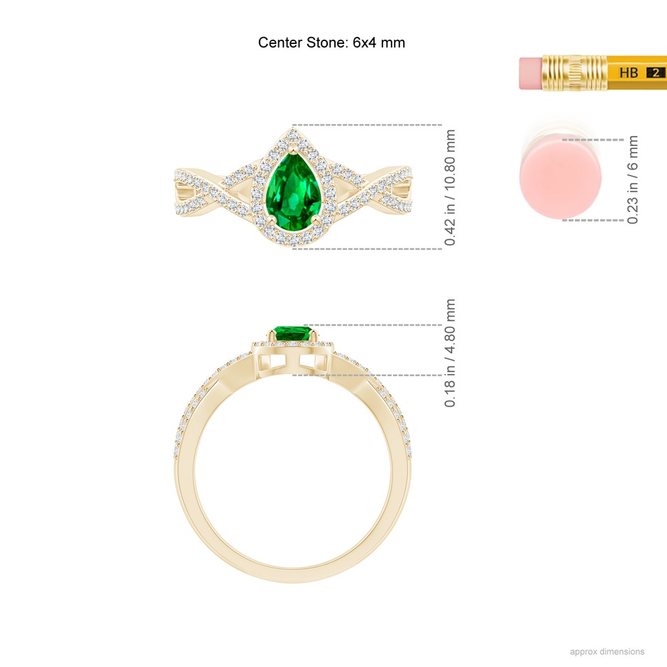 6x4mm AAAA Twist Shank Pear Emerald Ring with Diamond Halo in Yellow Gold ruler