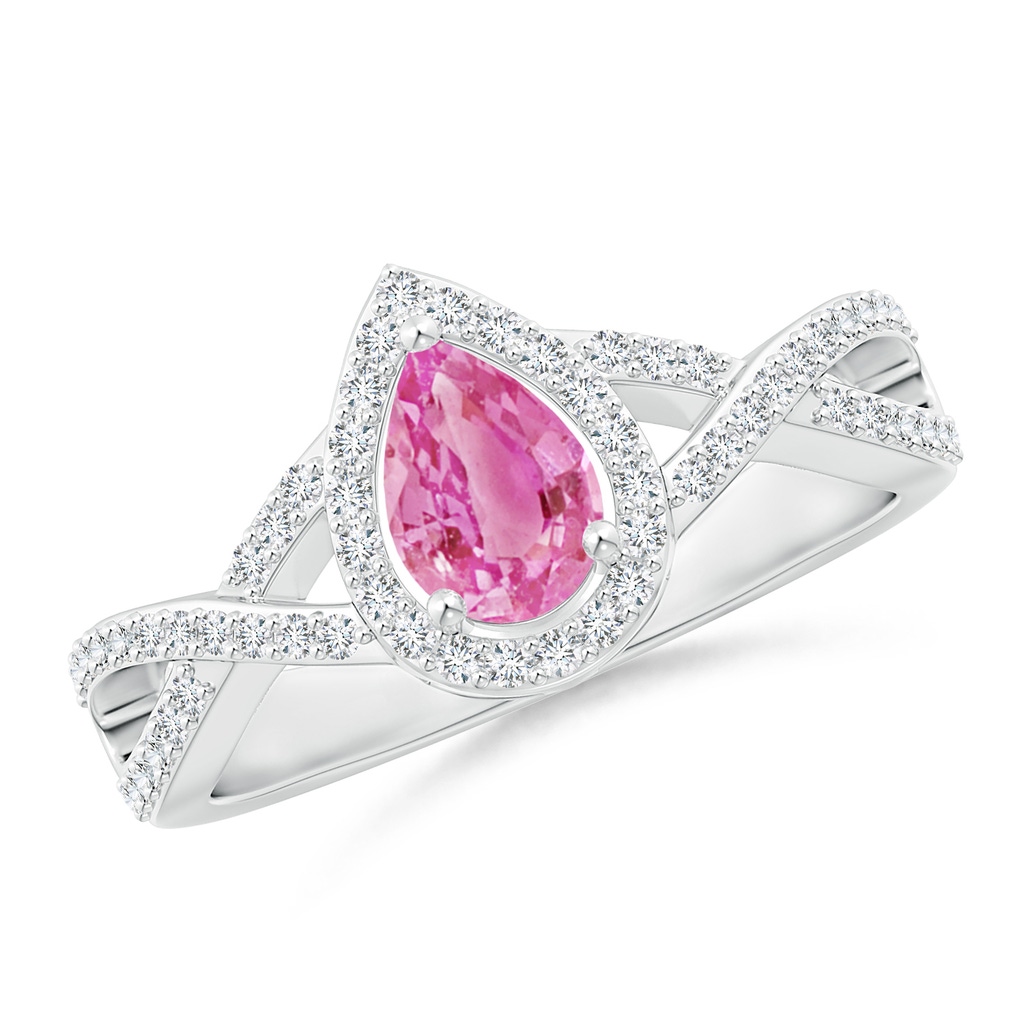 6x4mm AA Twist Shank Pear Pink Sapphire Ring with Diamond Halo in White Gold