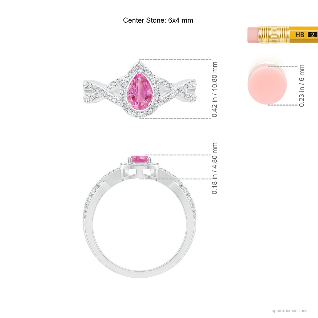6x4mm AA Twist Shank Pear Pink Sapphire Ring with Diamond Halo in White Gold Ruler