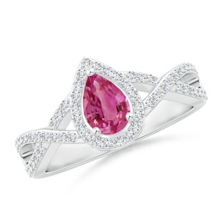 6x4mm AAAA Twist Shank Pear Pink Sapphire Ring with Diamond Halo in White Gold