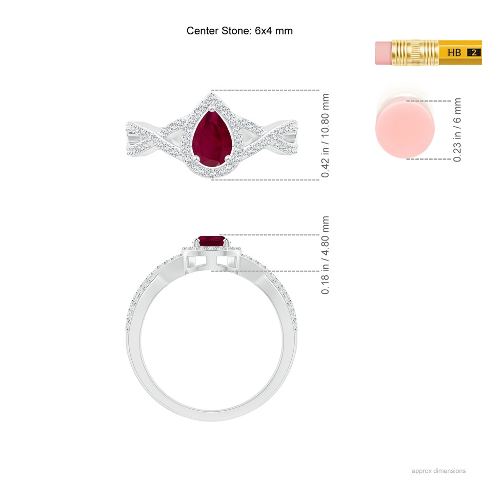 6x4mm A Twist Shank Pear Ruby Ring with Diamond Halo in White Gold ruler