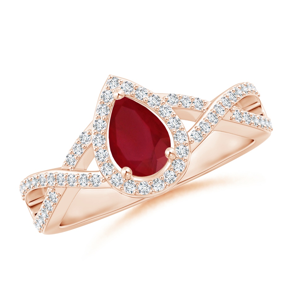 6x4mm AA Twist Shank Pear Ruby Ring with Diamond Halo in Rose Gold 
