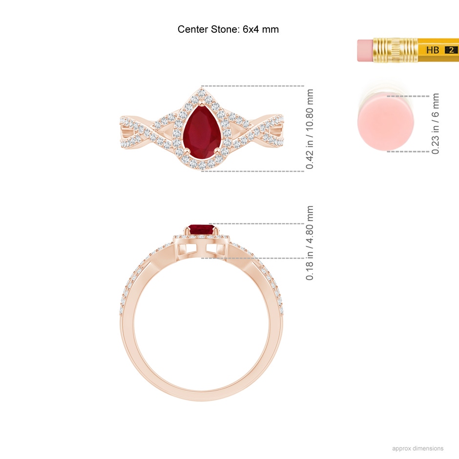 6x4mm AA Twist Shank Pear Ruby Ring with Diamond Halo in Rose Gold ruler