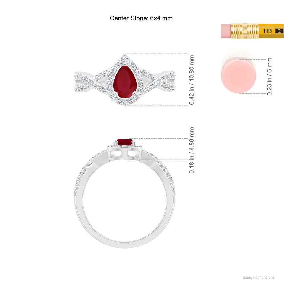 6x4mm AA Twist Shank Pear Ruby Ring with Diamond Halo in White Gold ruler