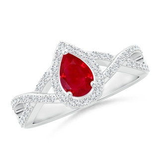 6x4mm AAA Twist Shank Pear Ruby Ring with Diamond Halo in White Gold