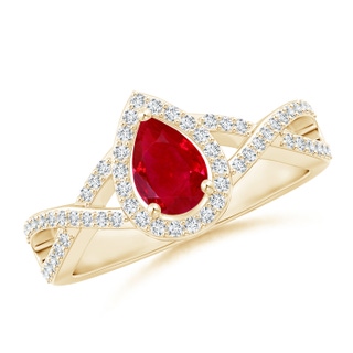 6x4mm AAA Twist Shank Pear Ruby Ring with Diamond Halo in Yellow Gold