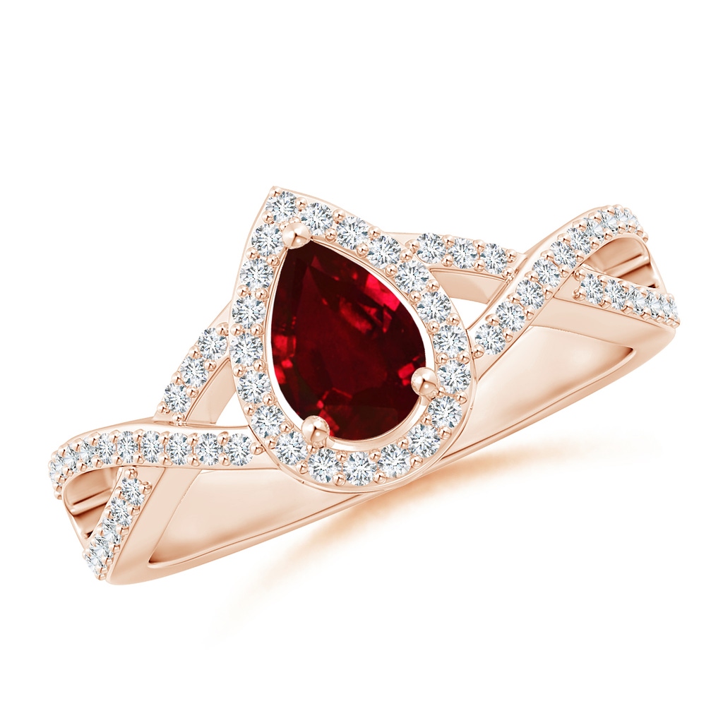 6x4mm AAAA Twist Shank Pear Ruby Ring with Diamond Halo in Rose Gold