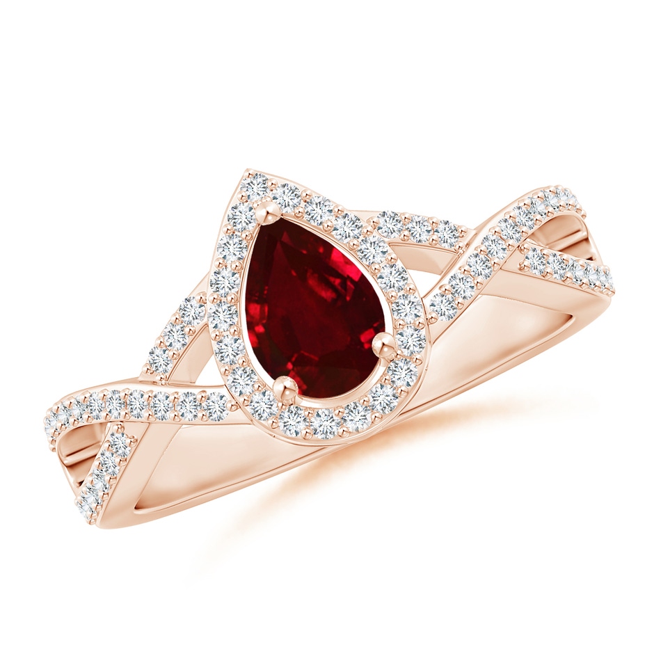 6x4mm AAAA Twist Shank Pear Ruby Ring with Diamond Halo in Rose Gold 