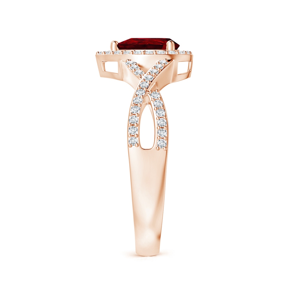 6x4mm AAAA Twist Shank Pear Ruby Ring with Diamond Halo in Rose Gold Side-2