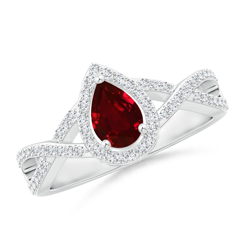 6x4mm AAAA Twist Shank Pear Ruby Ring with Diamond Halo in White Gold