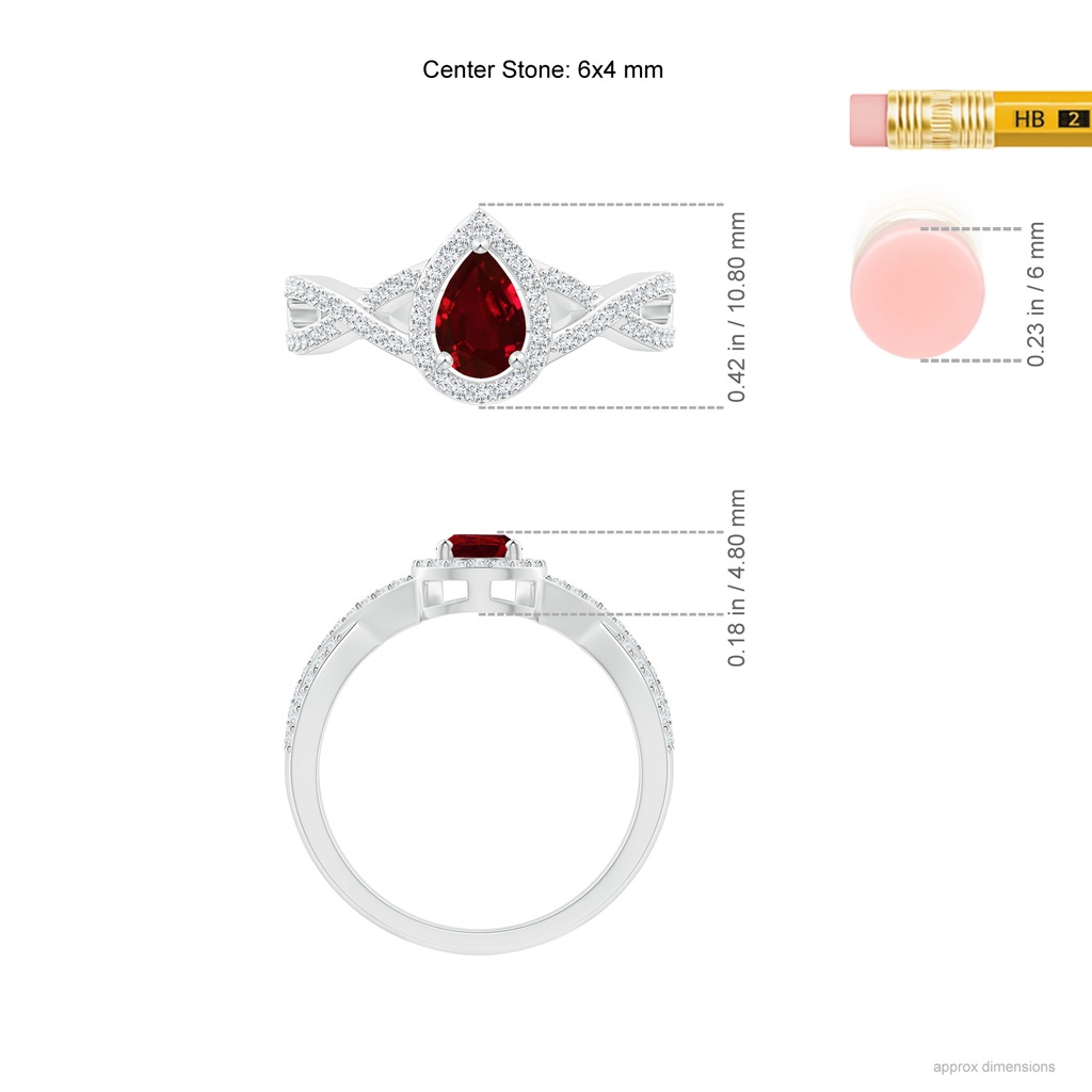 6x4mm AAAA Twist Shank Pear Ruby Ring with Diamond Halo in White Gold Ruler