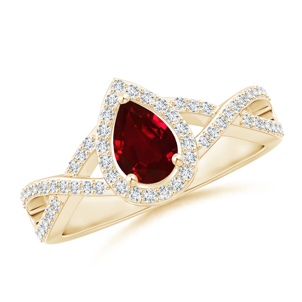 6x4mm AAAA Twist Shank Pear Ruby Ring with Diamond Halo in Yellow Gold