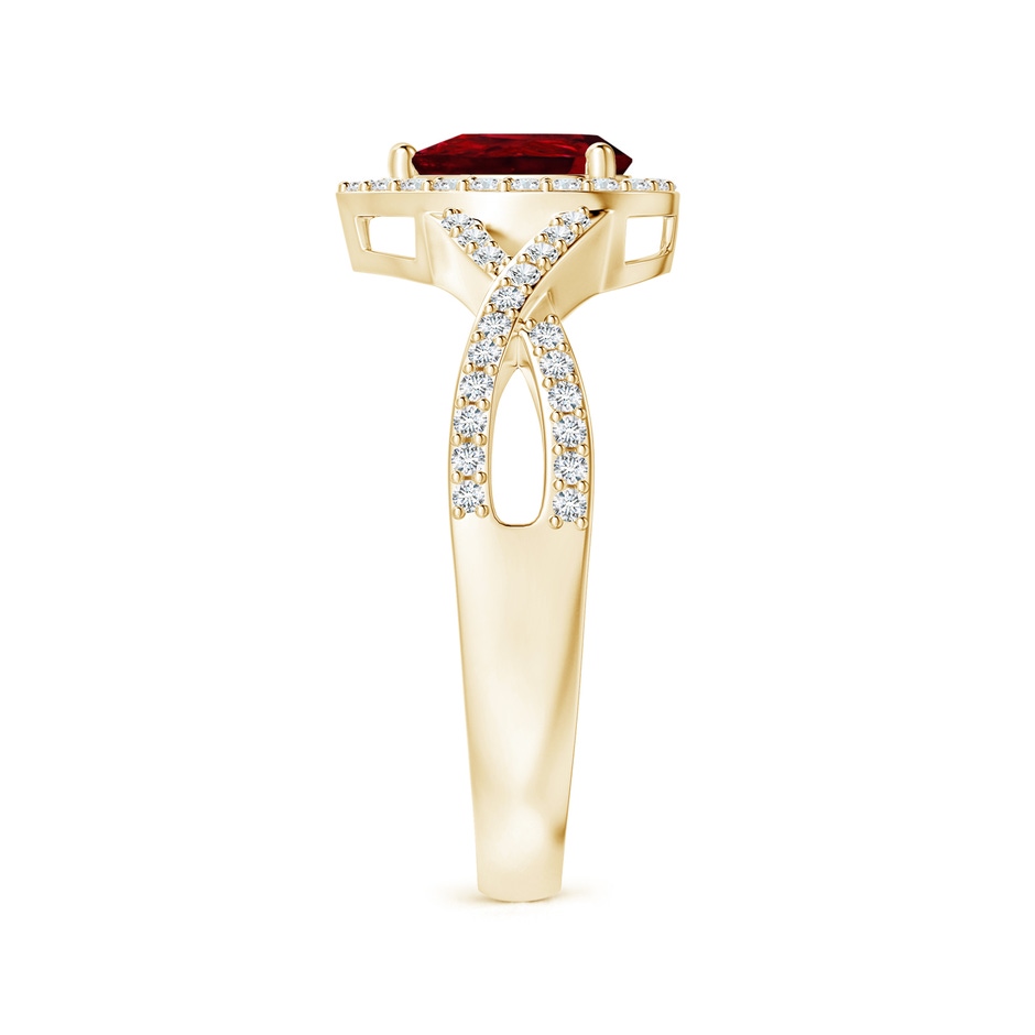 6x4mm AAAA Twist Shank Pear Ruby Ring with Diamond Halo in Yellow Gold side-2