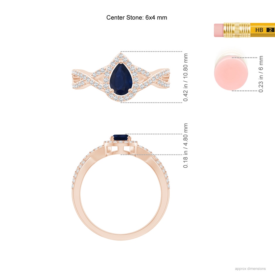 6x4mm A Twist Shank Pear Blue Sapphire Ring with Diamond Halo in Rose Gold ruler