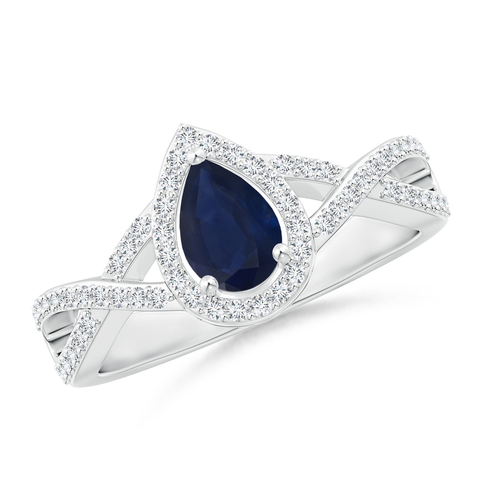 6x4mm A Twist Shank Pear Blue Sapphire Ring with Diamond Halo in White Gold 