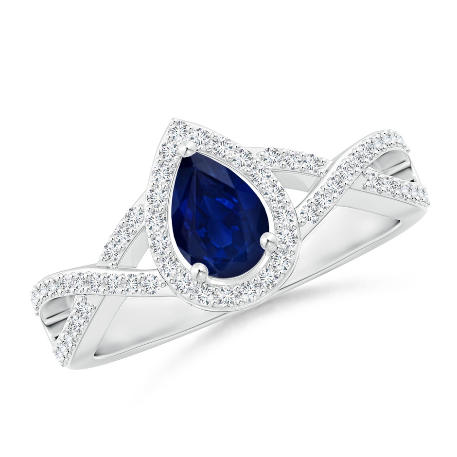 6x4mm AA Twist Shank Pear Blue Sapphire Ring with Diamond Halo in White Gold 