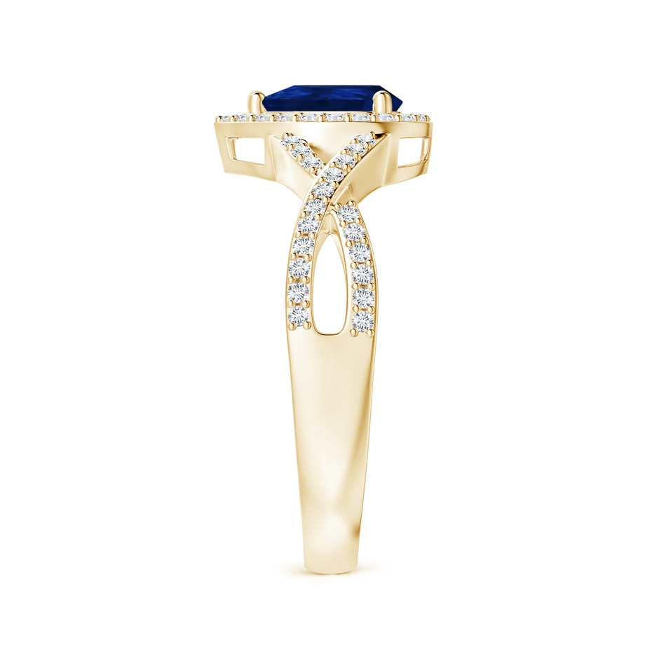 6x4mm AA Twist Shank Pear Blue Sapphire Ring with Diamond Halo in Yellow Gold side-2