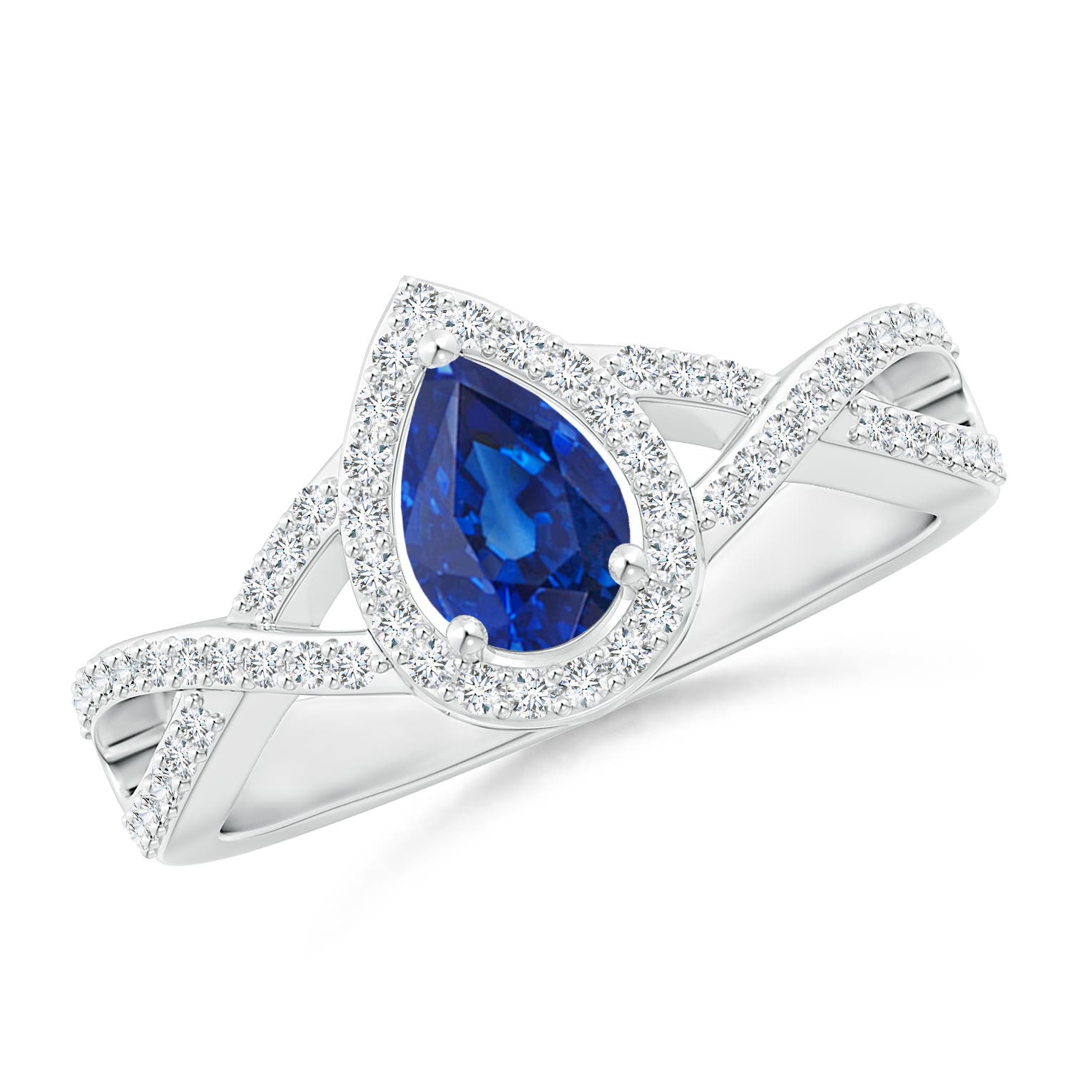 Twist Shank Pear Blue Sapphire Ring with Diamond Halo | Angara