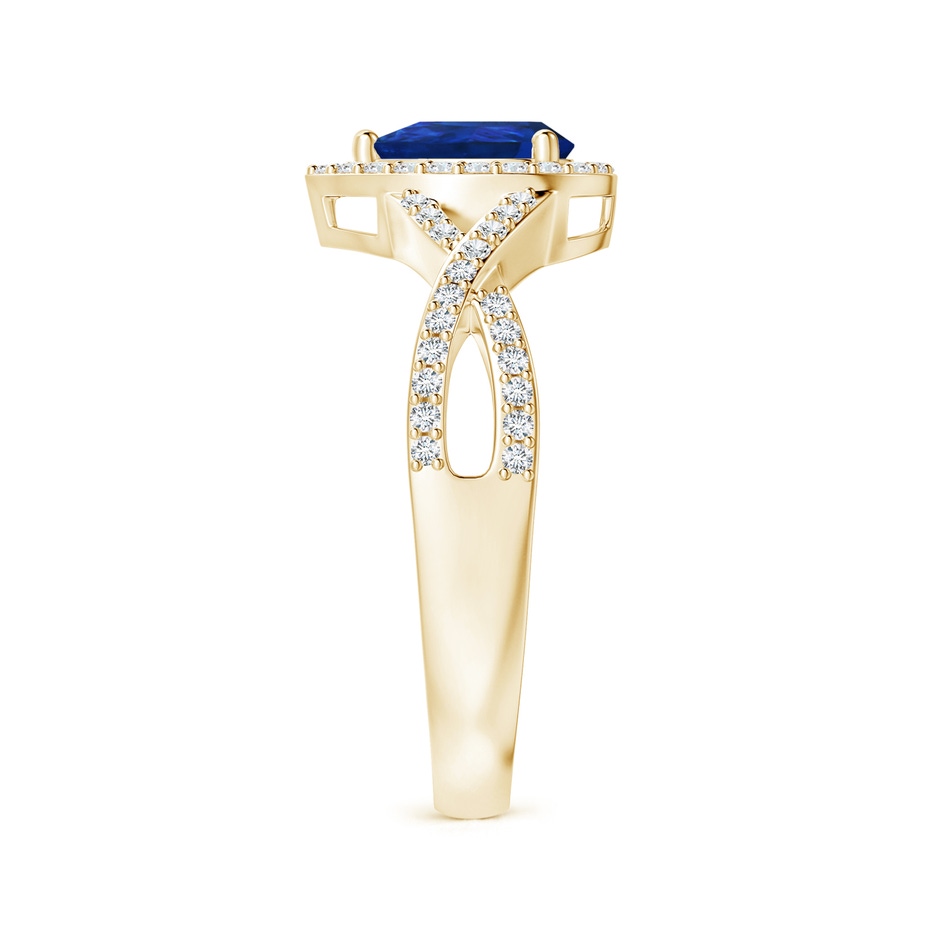 6x4mm AAA Twist Shank Pear Blue Sapphire Ring with Diamond Halo in Yellow Gold side-2