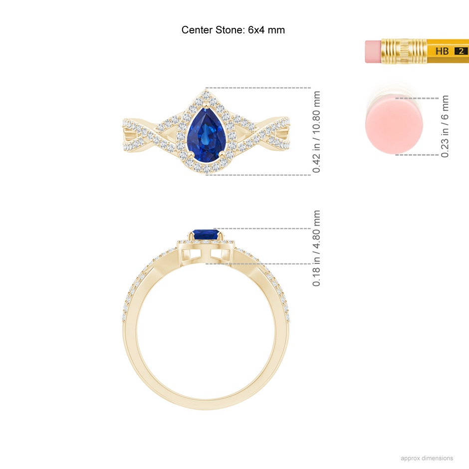 6x4mm AAA Twist Shank Pear Blue Sapphire Ring with Diamond Halo in Yellow Gold ruler