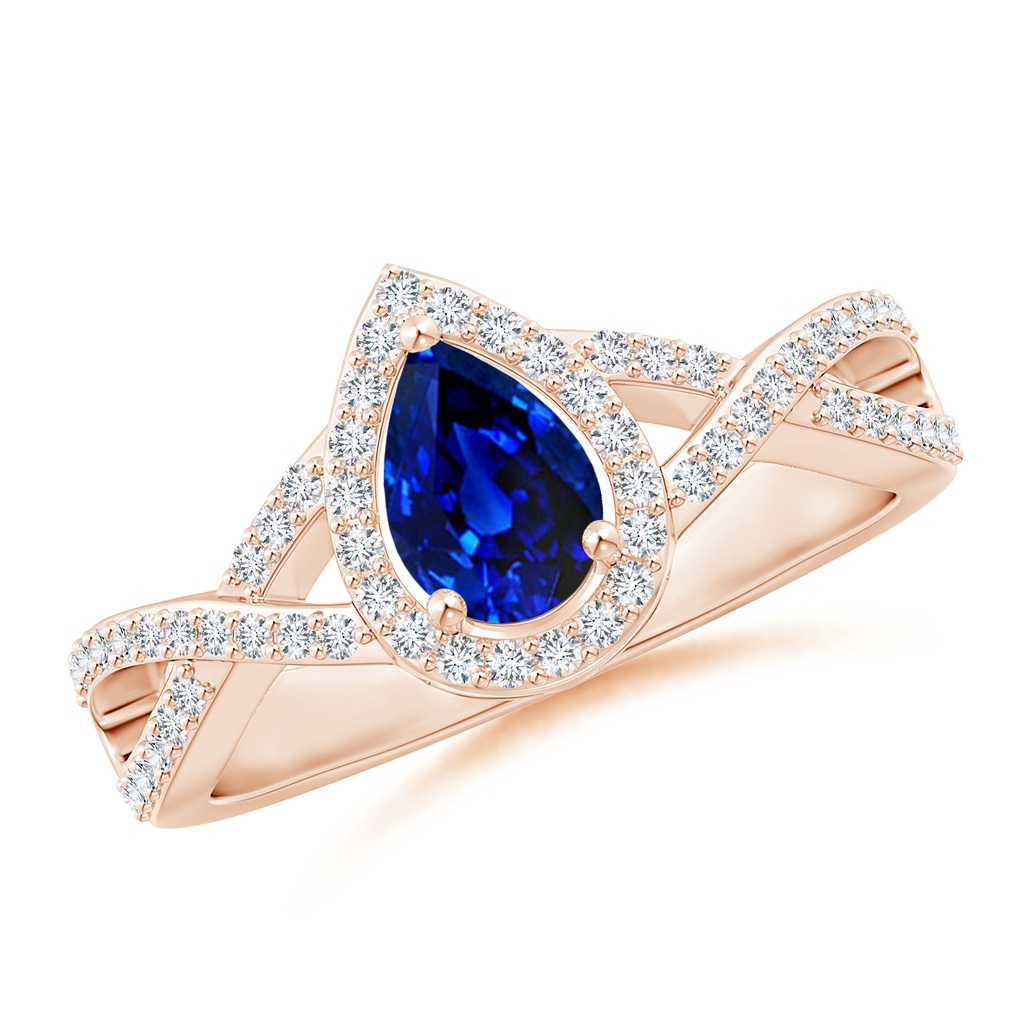 6x4mm AAAA Twist Shank Pear Blue Sapphire Ring with Diamond Halo in Rose Gold
