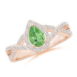 6x4mm A Twist Shank Pear Tsavorite Ring with Diamond Halo in Rose Gold