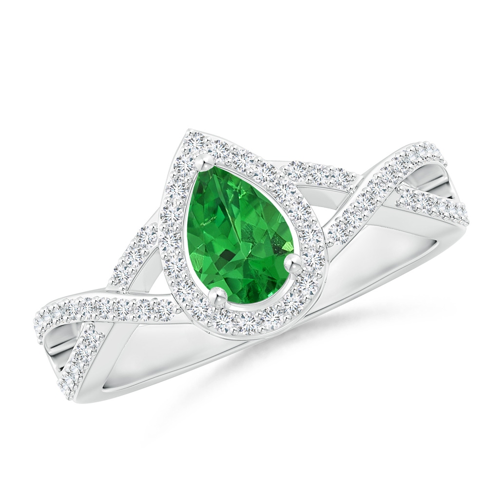 6x4mm AAAA Twist Shank Pear Tsavorite Ring with Diamond Halo in P950 Platinum