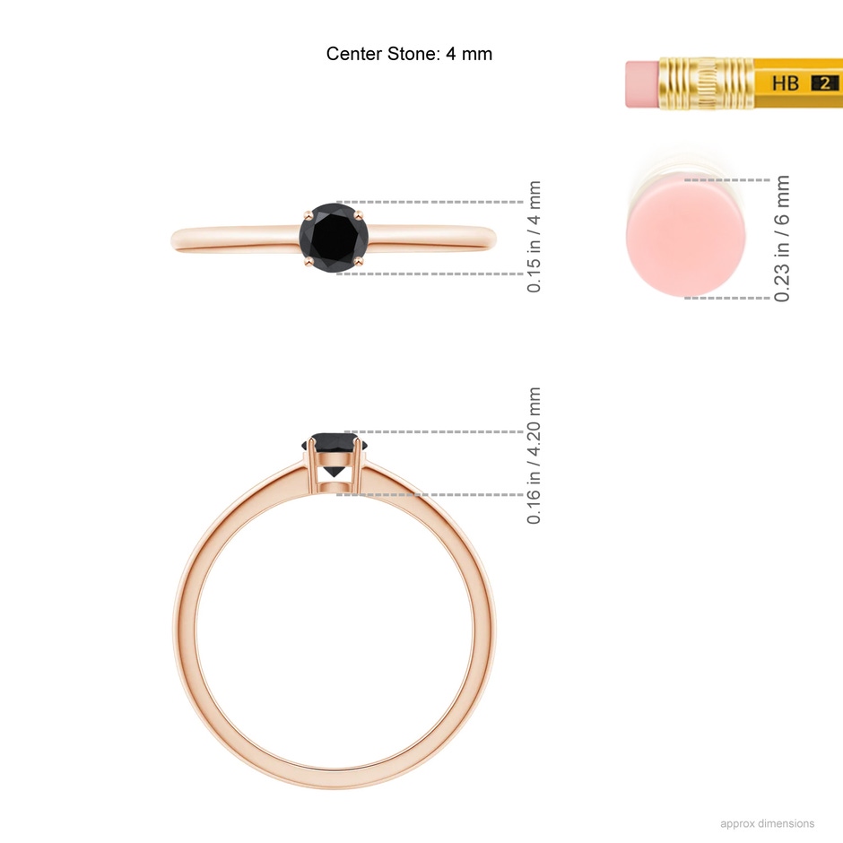 4mm AA Round Black Diamond Solitaire Engagement Ring in Rose Gold ruler