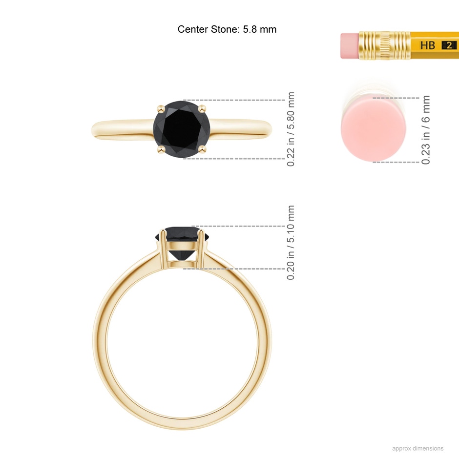 5.8mm AA Round Black Diamond Solitaire Engagement Ring in Yellow Gold ruler