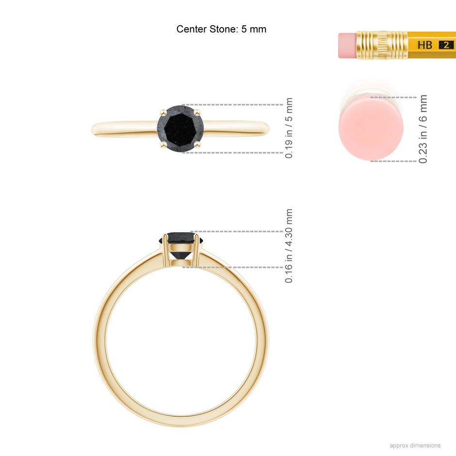 5mm A Round Black Diamond Solitaire Engagement Ring in Yellow Gold ruler