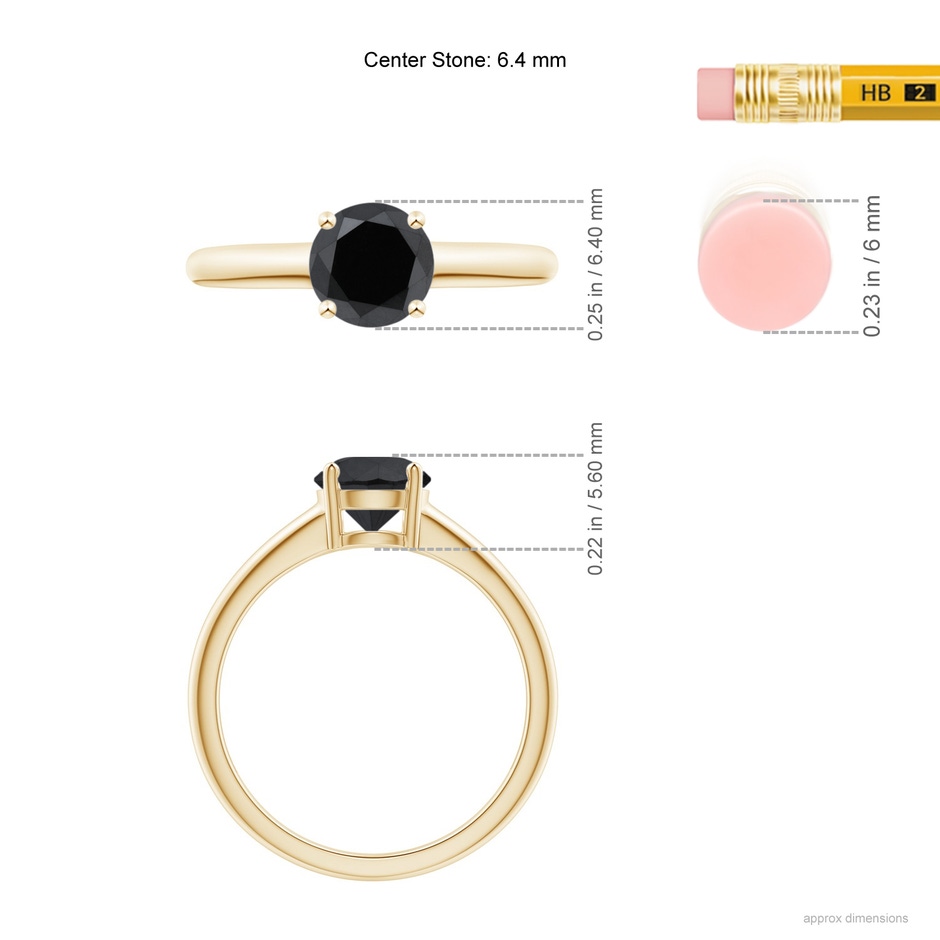 6.4mm AA Round Black Diamond Solitaire Engagement Ring in Yellow Gold ruler