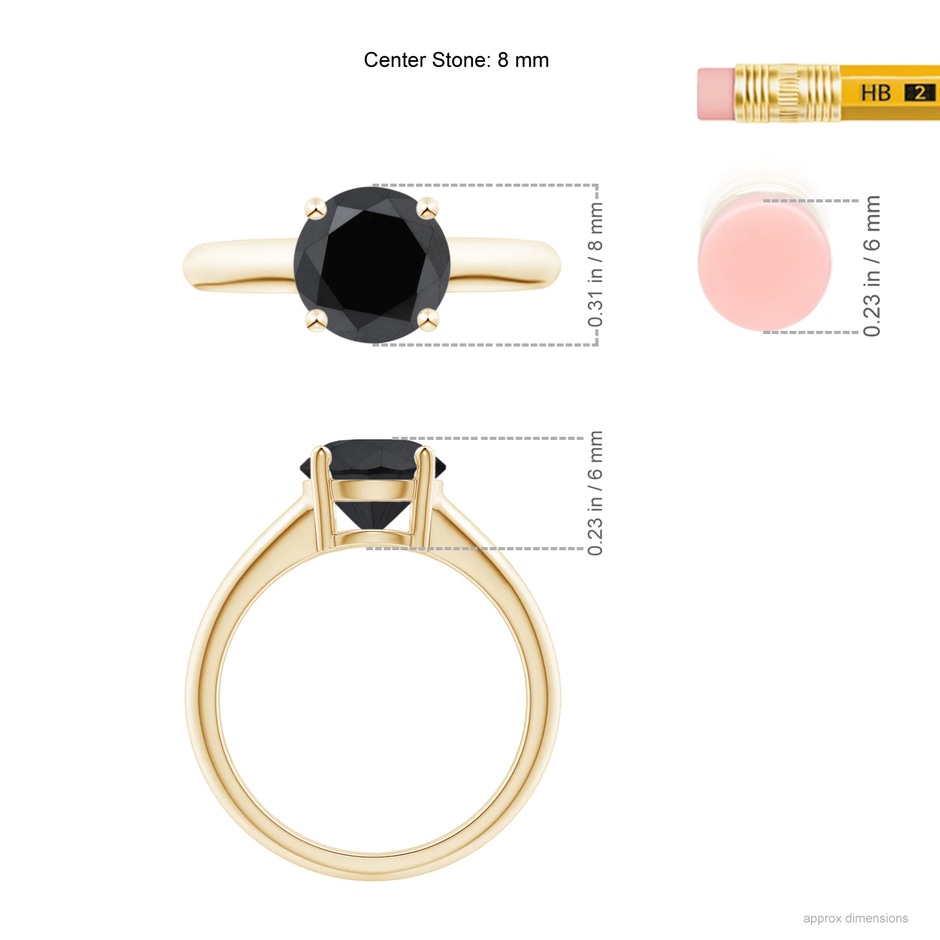 8mm AA Round Black Diamond Solitaire Engagement Ring in Yellow Gold ruler