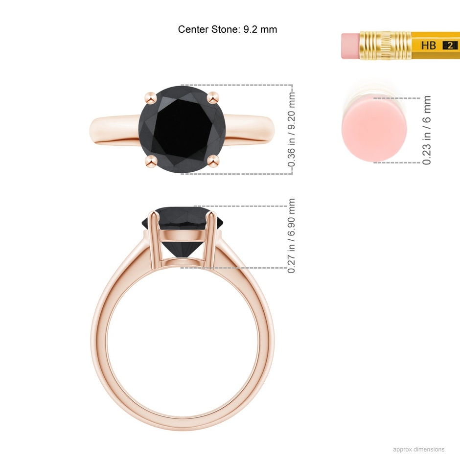 9.2mm AA Round Black Diamond Solitaire Engagement Ring in Rose Gold ruler