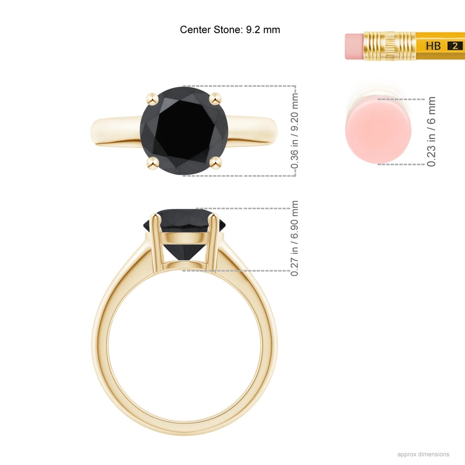 9.2mm AA Round Black Diamond Solitaire Engagement Ring in Yellow Gold ruler