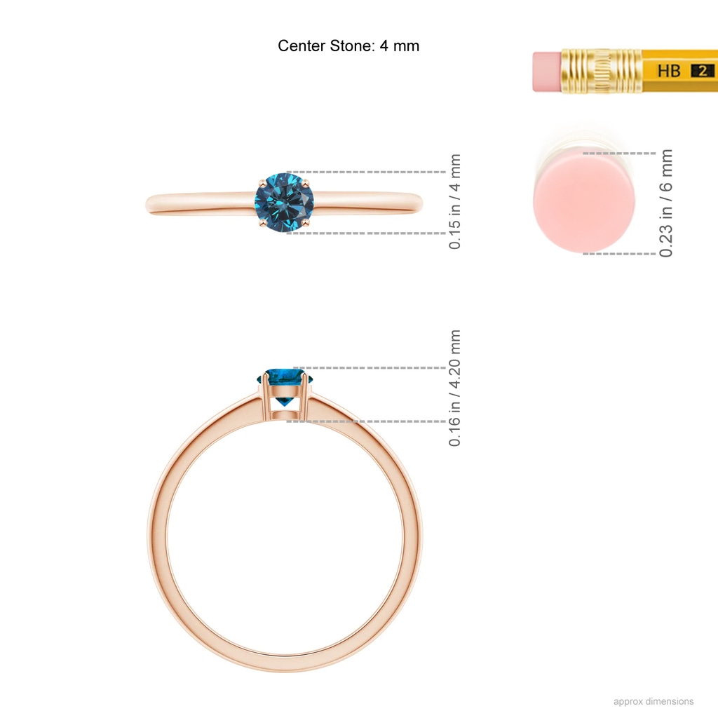 4mm AAA Round Blue Diamond Solitaire Engagement Ring in Rose Gold Ruler