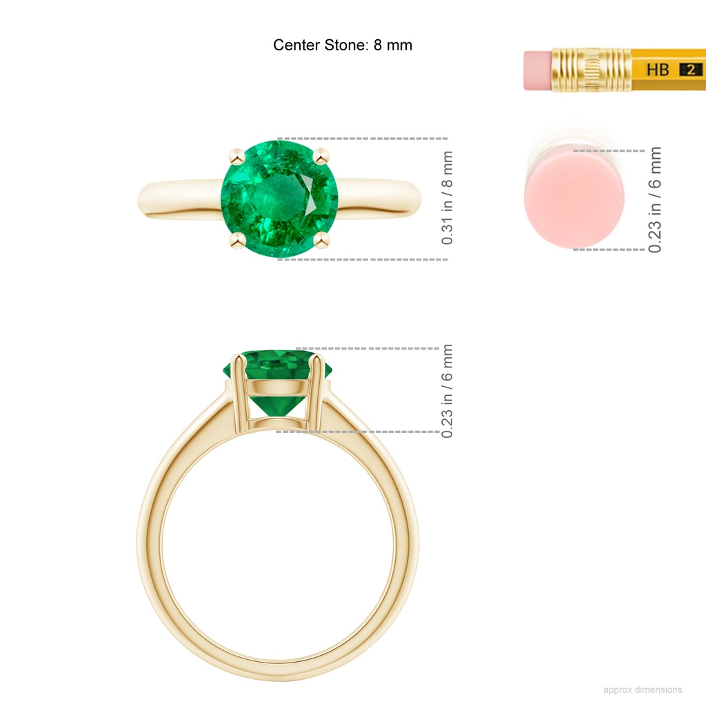 8mm AAA Round Emerald Solitaire Engagement Ring in Yellow Gold ruler