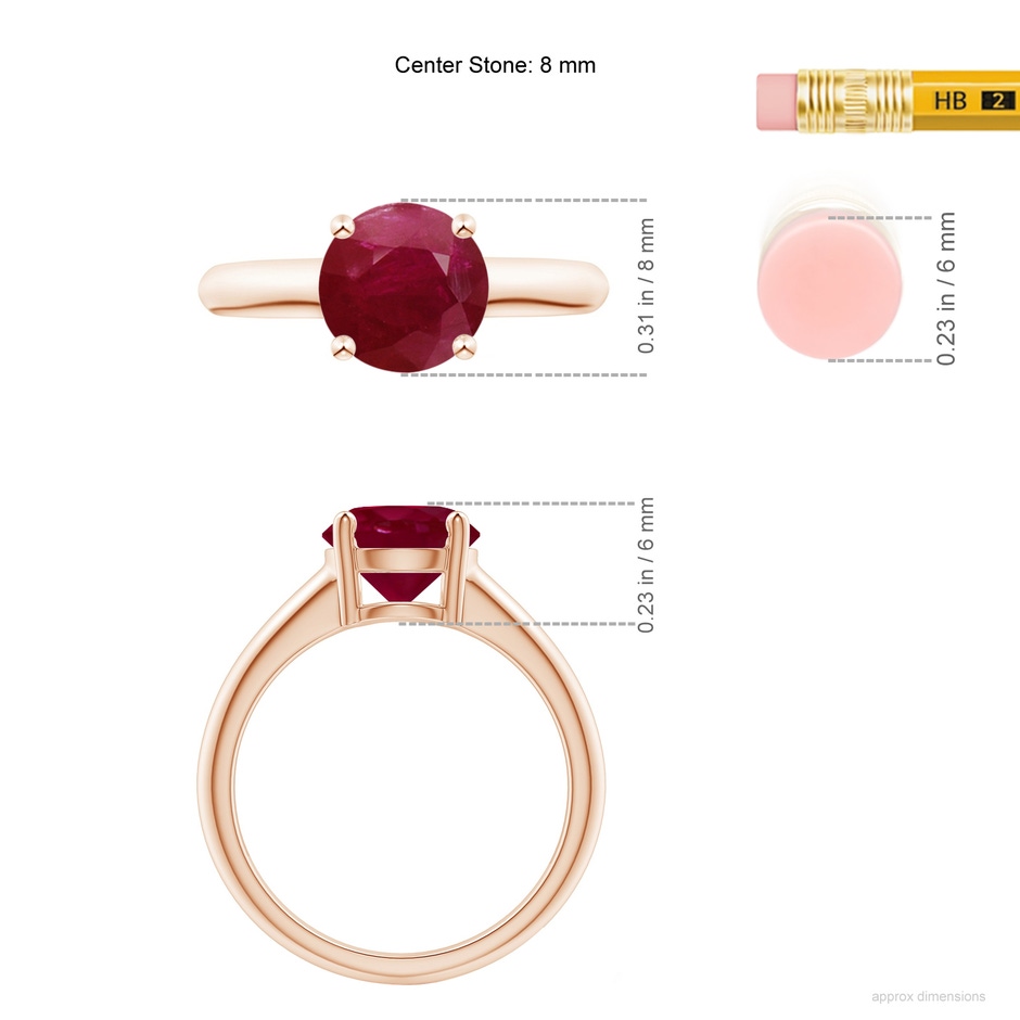 8mm A Round Ruby Solitaire Engagement Ring in Rose Gold ruler