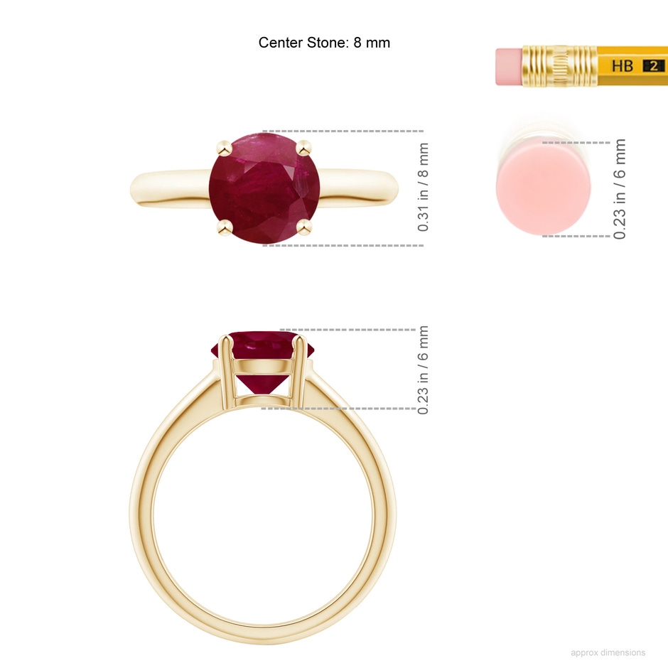 8mm A Round Ruby Solitaire Engagement Ring in Yellow Gold ruler