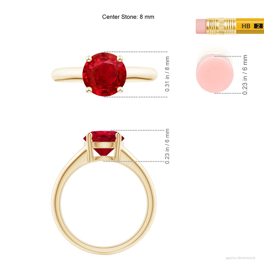 8mm AAA Round Ruby Solitaire Engagement Ring in Yellow Gold ruler