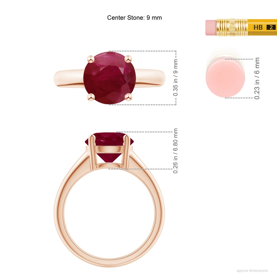 9mm A Round Ruby Solitaire Engagement Ring in Rose Gold ruler